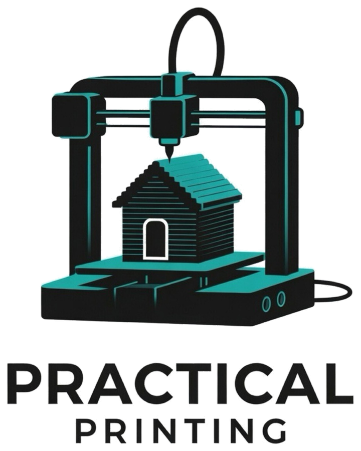 Practical Printing logo: a 3D printer building a cabin