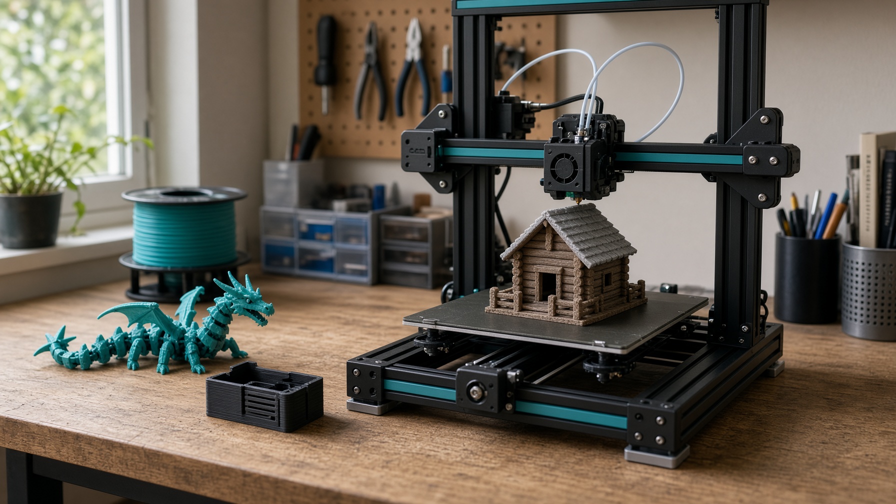 Open-frame 3D printer on a workshop bench printing a small cabin